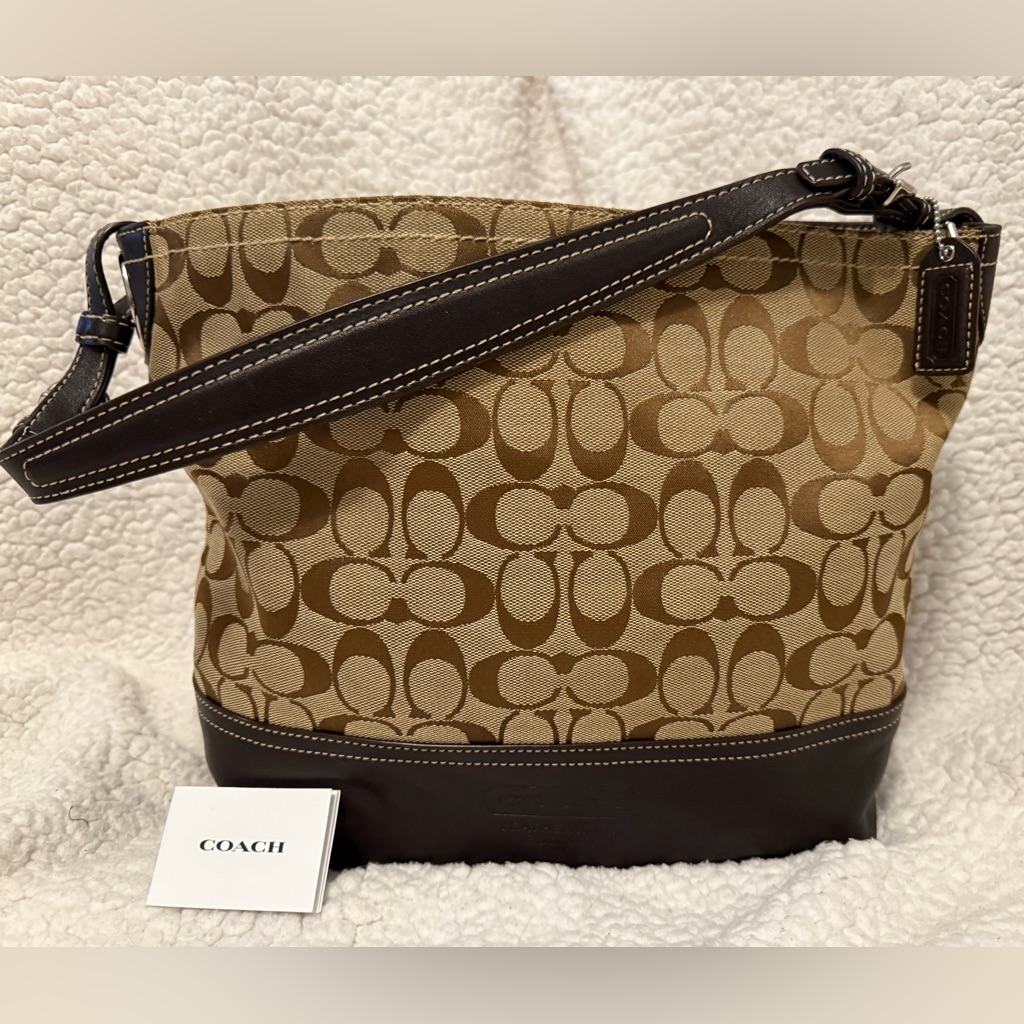 Vintage Authentic Coach Tan Brown Signature Monogram Large Bucket Tote Bag